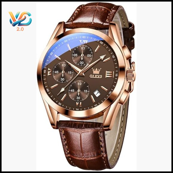 Men's Leather Chronograph Watch 40mm Gold-Tone Case Water Resistant Dress